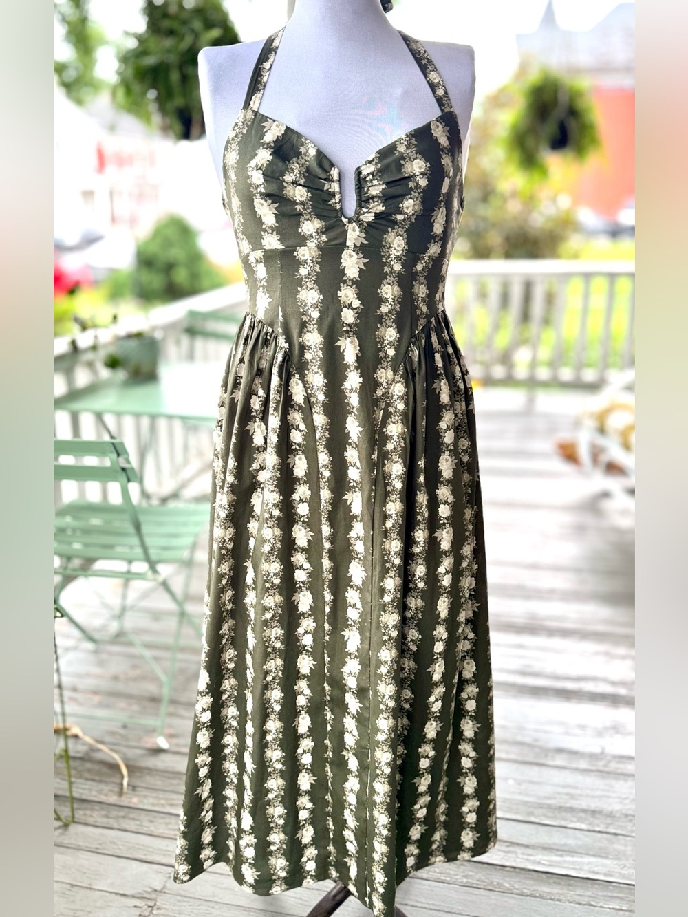 Olive Green Floral Halter Maxi Dress Smocked Bodice Sweetheart Neck Sz M